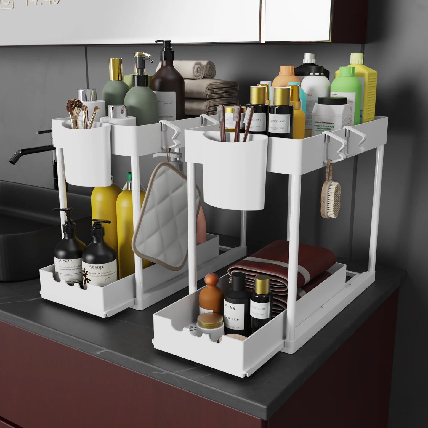 2Pcs 2-Tier Sliding Cabinet Organizer, Pull-Out Under Sink Rack, Double-Layer Storage Shelf