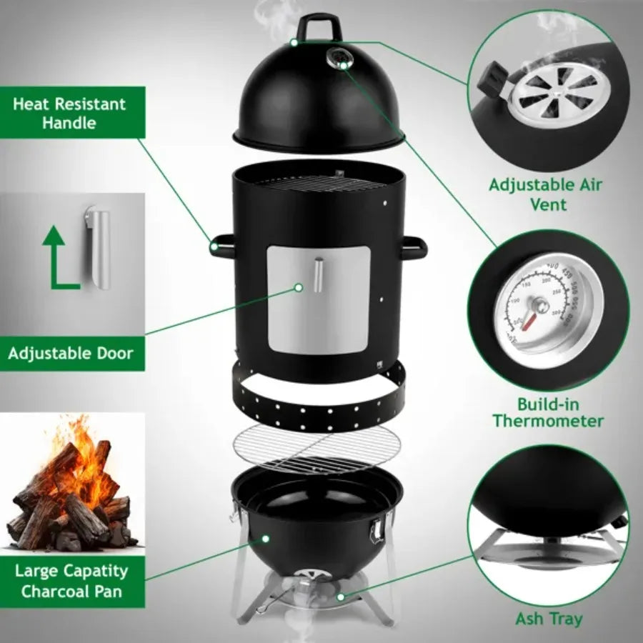 Vertical Steel Charcoal Smoker, Three Layer Round BBQ Grill Smokey Mountain Cooker Outdoor Black