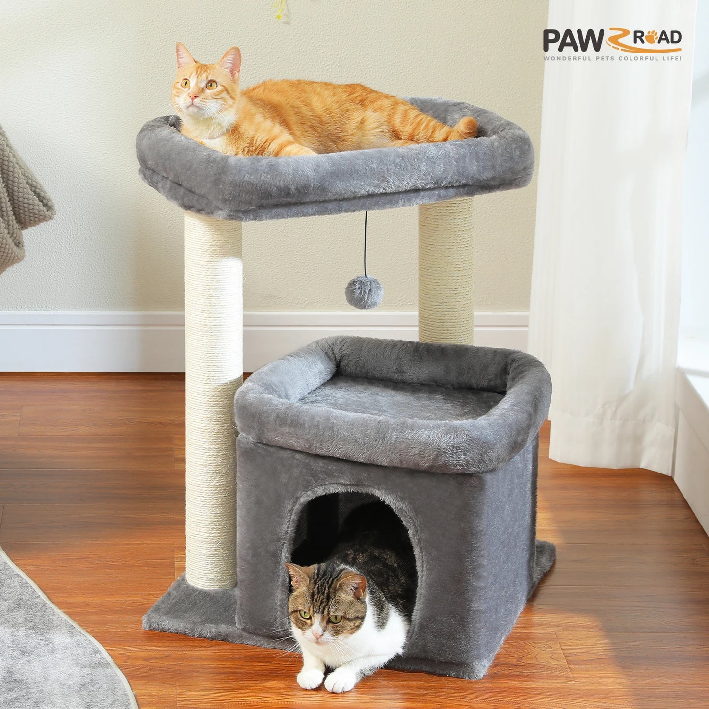 H228cm Cat Tree Toy Condo Cat Climbing Tower Solid Wood