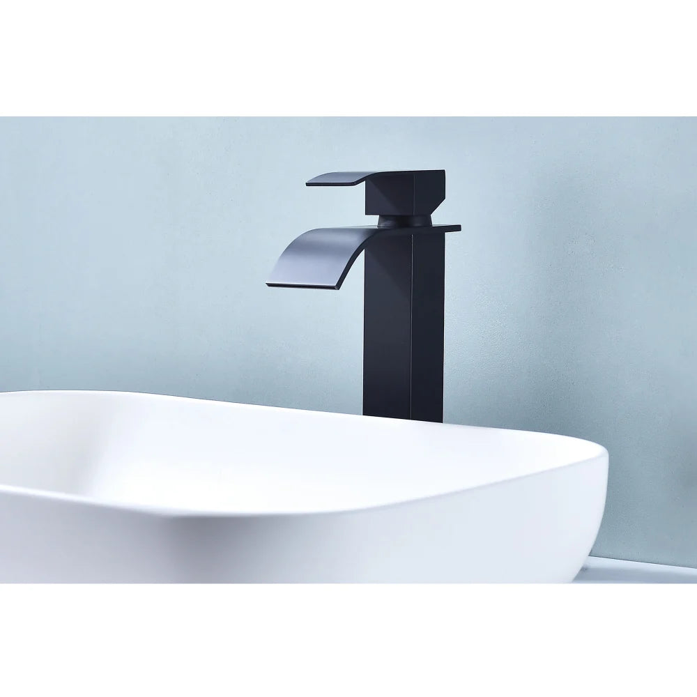 Matte Black Waterfall Spout Single Handle Bathroom Sink Faucet