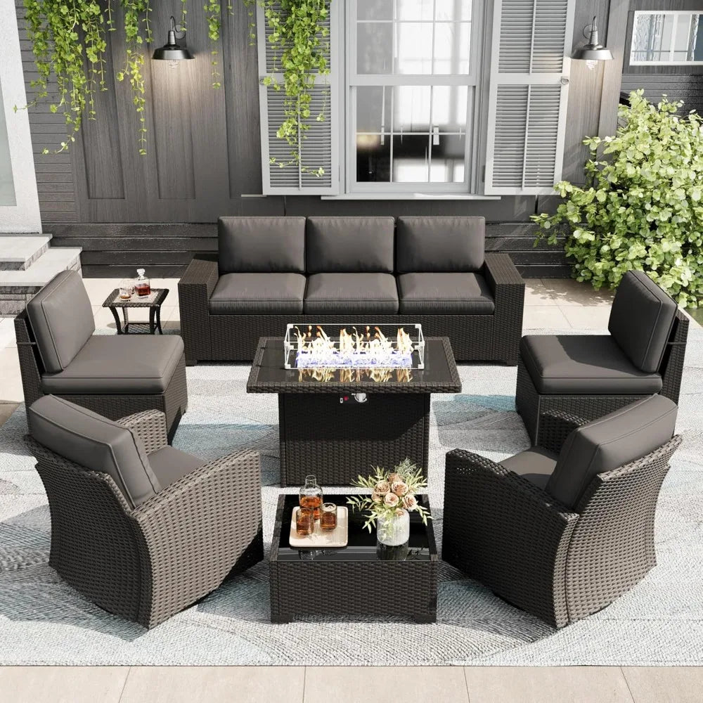 10 piece outdoor sofa set with fire pit table, modular rattan rotating rocking chair