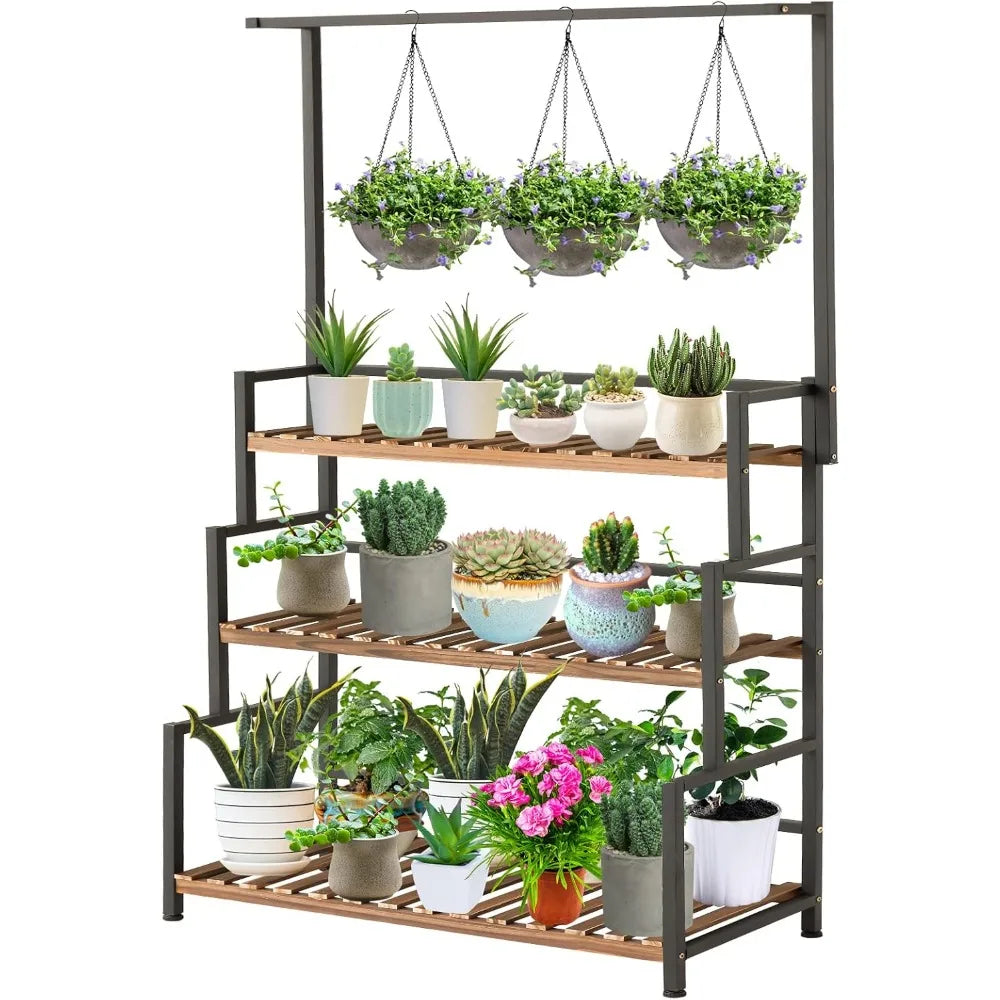 3 Tier Wood Plant Stand With Metal Frame Outdoor Indoor