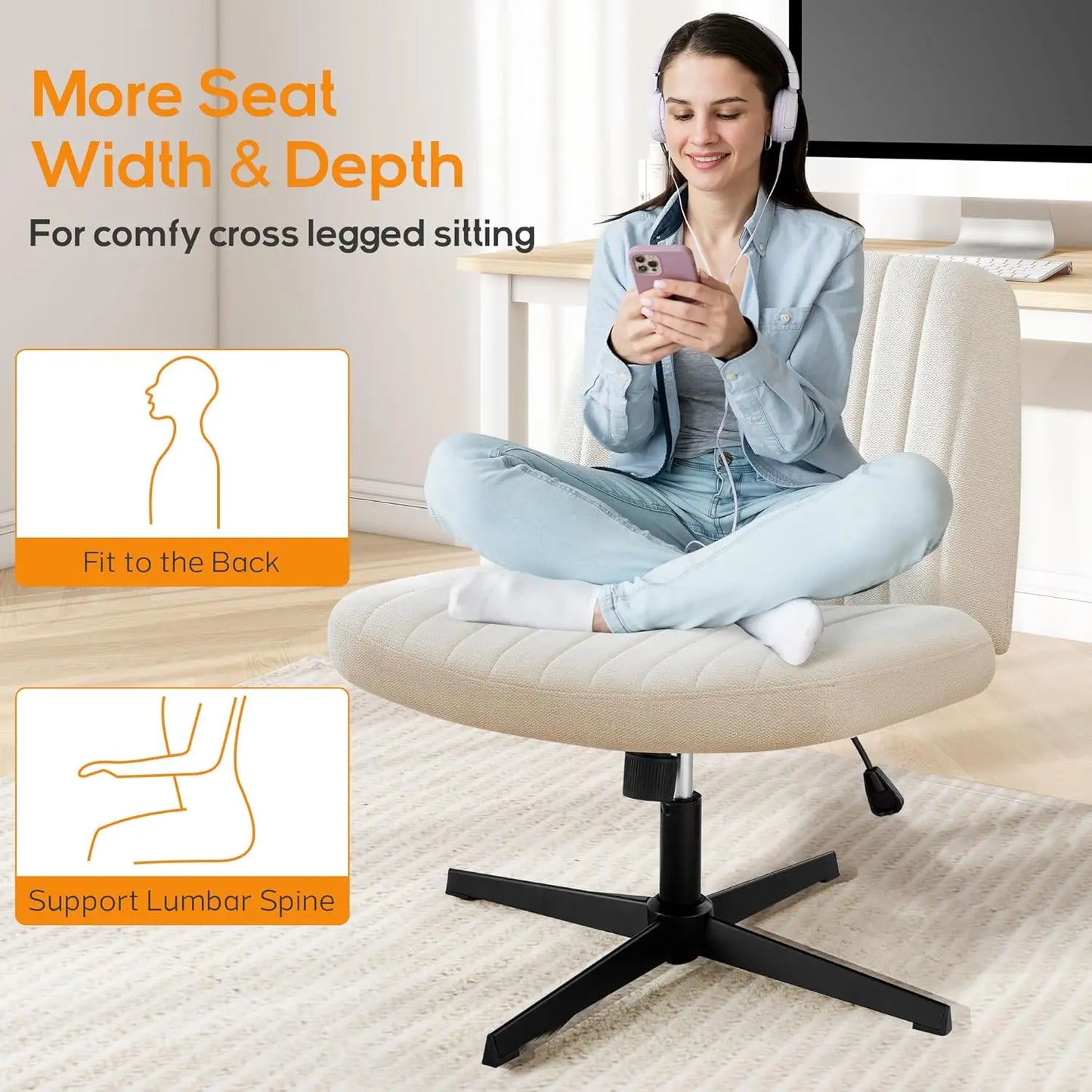 Criss Cross Armless Swivel Chair with Adjustable Height for Home and Office