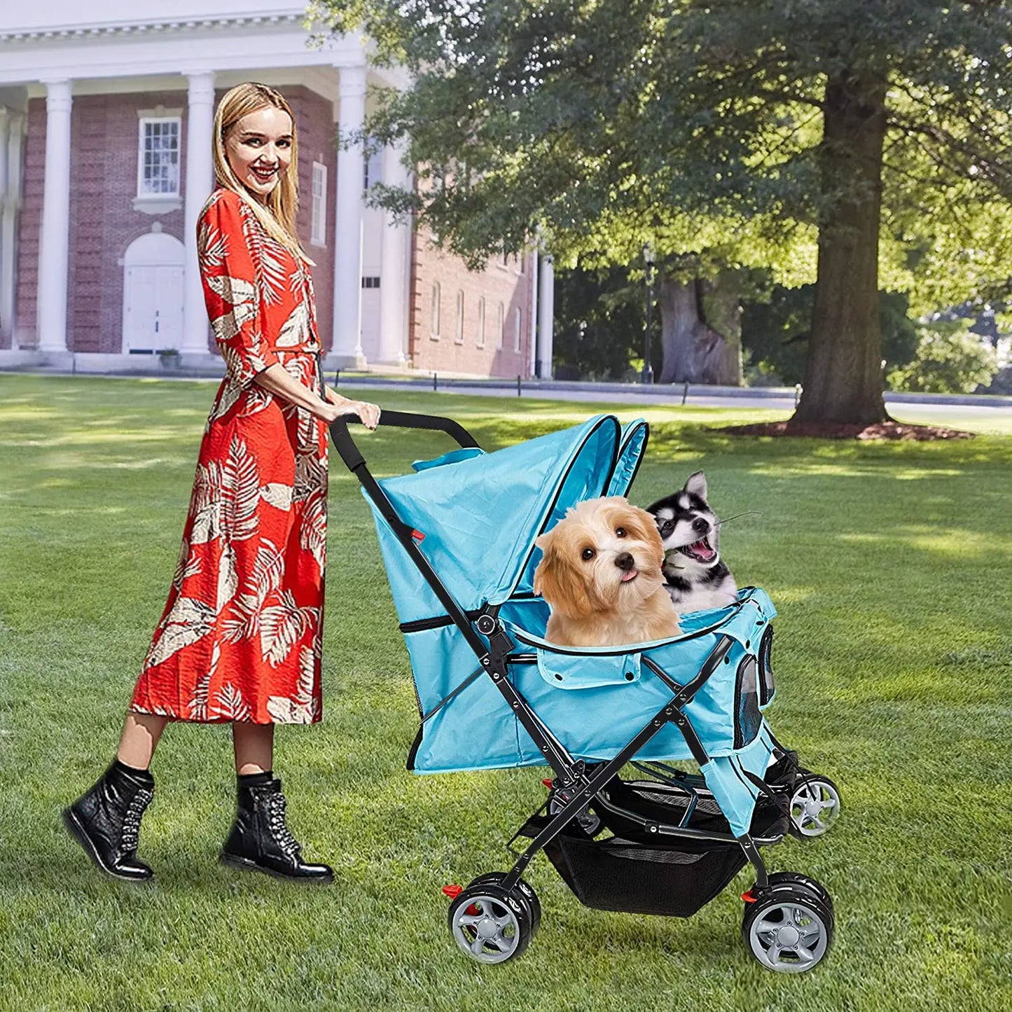 Foldable Double Pet Stroller for Two Dogs Cats with Four Wheels and Storage