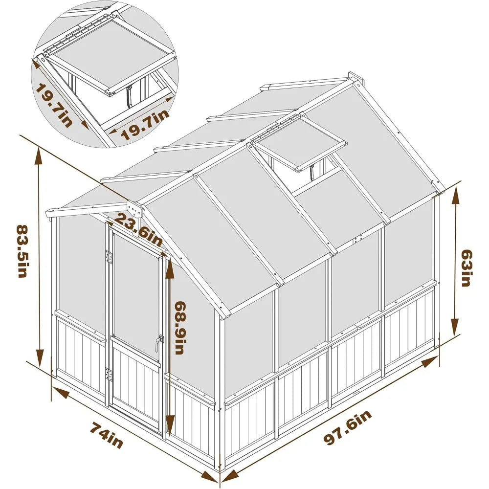6x8FT Outdoor Greenhouse with Cedar Frame 6MM Thick Polycarbonate Sheet and Adjustable Vents