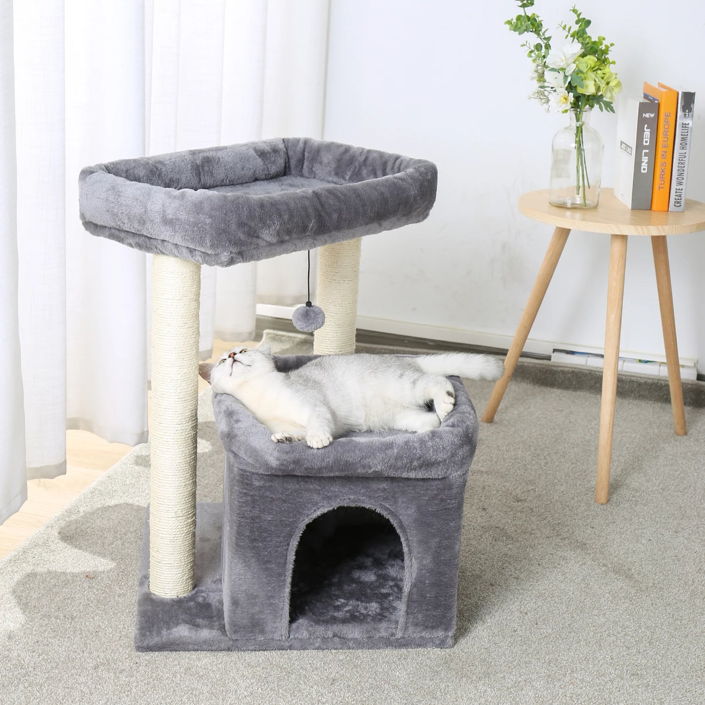 H228cm Cat Tree Toy Condo Cat Climbing Tower Solid Wood