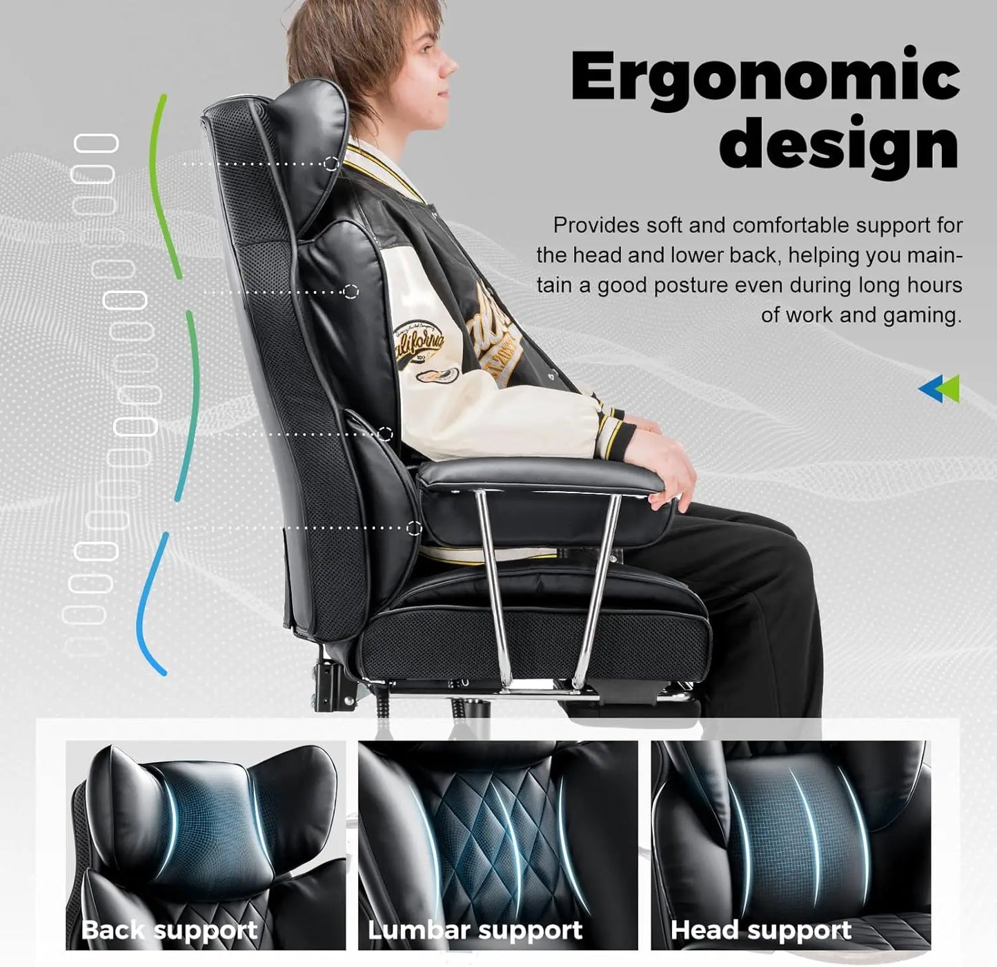Big and Tall High Back Leather Gaming Chair with Footrest and Ergonomic Design