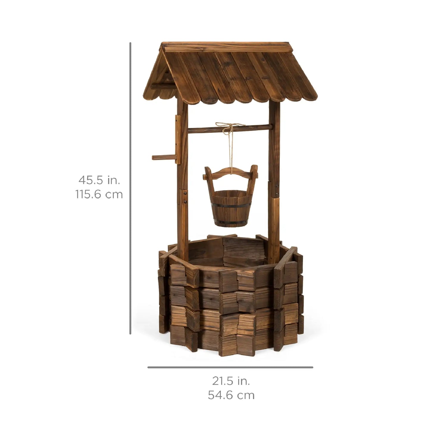 Rustic Wooden Wishing Well Planter with Hanging Bucket for Outdoor Decor