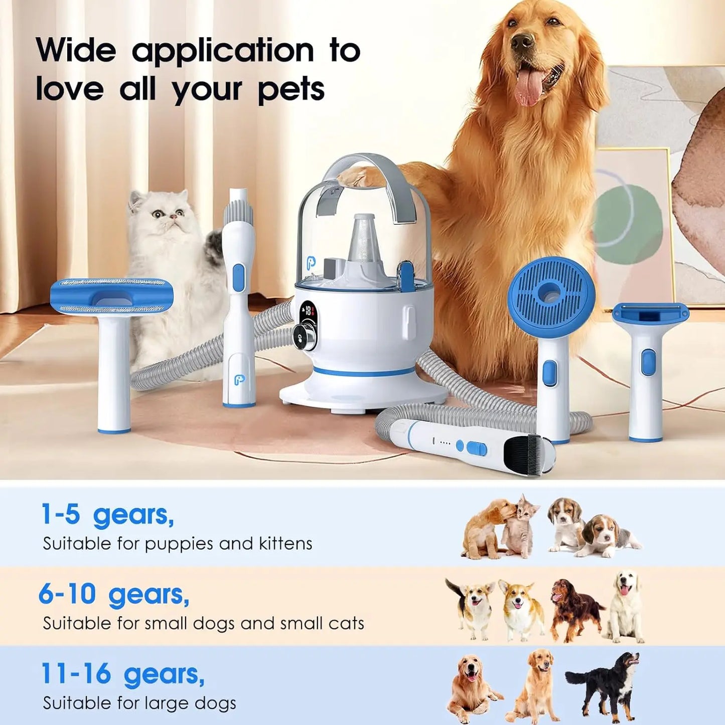 Dog Grooming Kit with 2L Vacuum Suction 99 Pet Hair Professional Vacuum Grooming Kit with Five Grooming Tools for Dogs and Cats