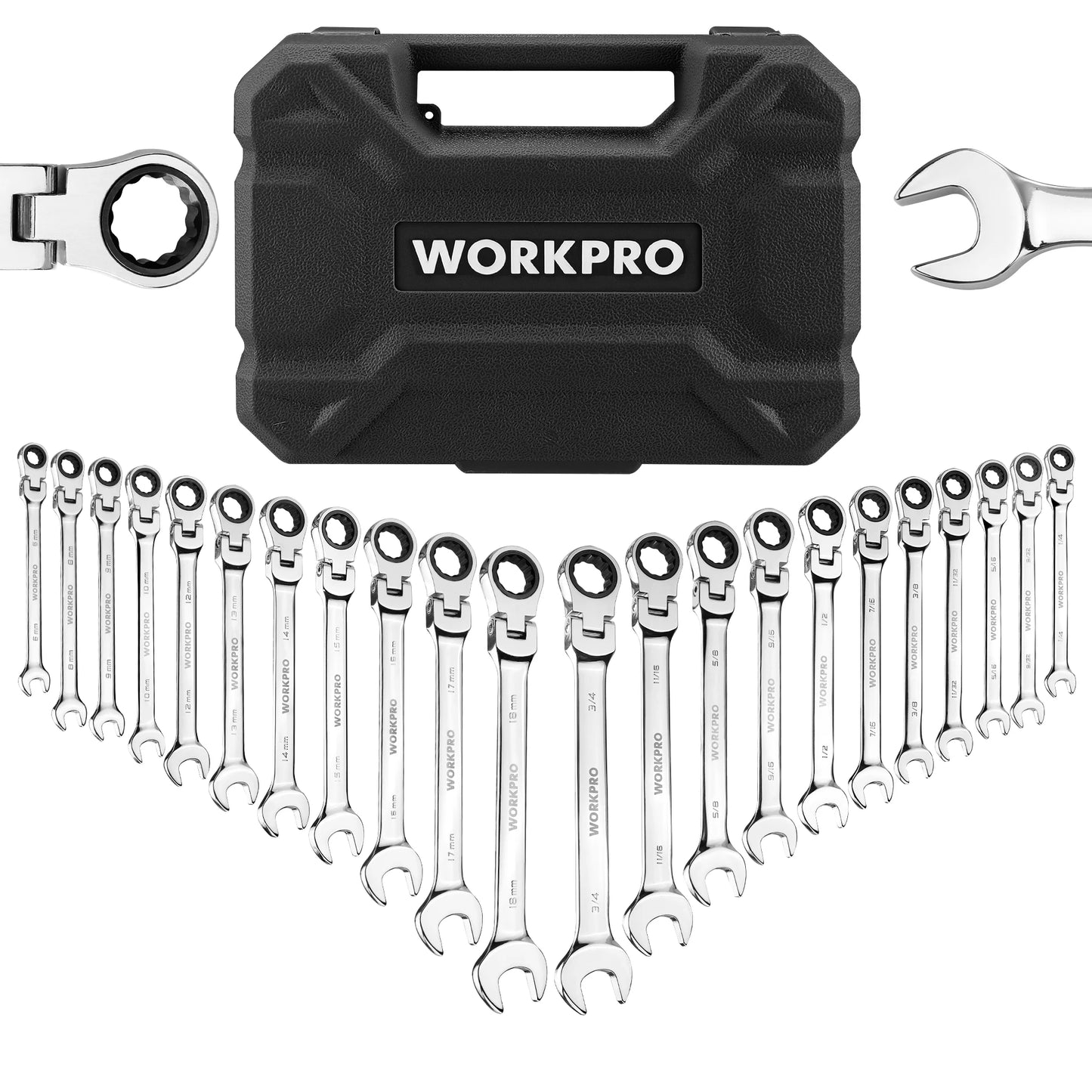 WORKPRO 22 Piece Ratcheting Wrench Set With Flex Head 72 Tooth Precision Gear For Automotive Repair Organizer Box