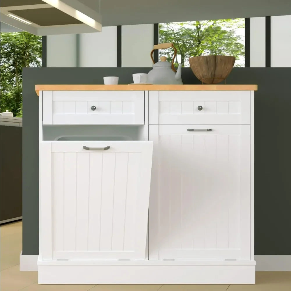 Tilt Out Trash Cabinet 10 Gallon Wooden Laundry Sorter with Hideaway Drawer