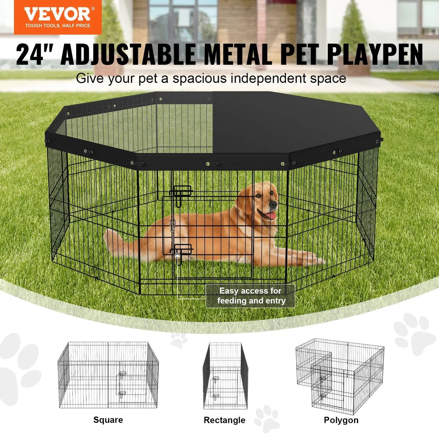 Foldable 8 Panel Metal Dog Playpen with Cover and Ground Stakes 24 Inch Height