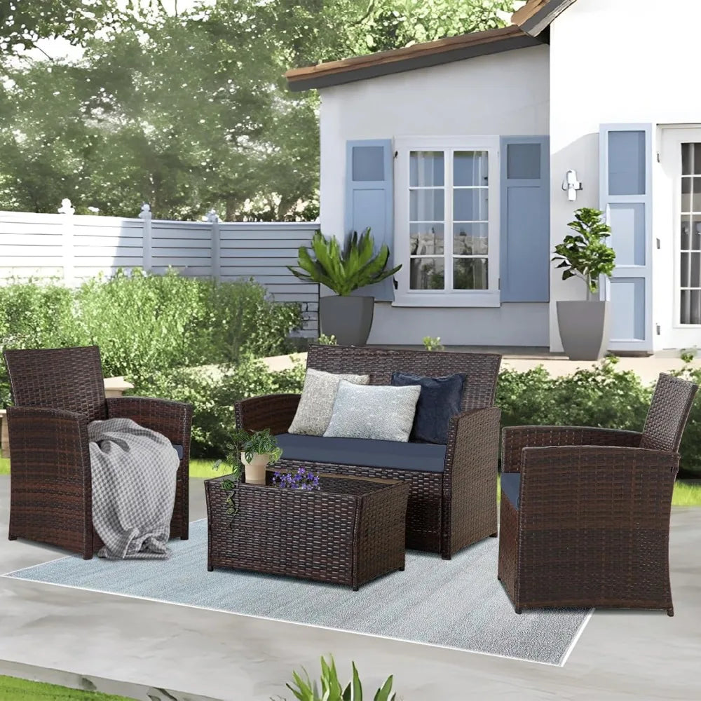 4 Piece Patio Wicker Sectional Sofa Set with Glass Coffee Table and Cushions