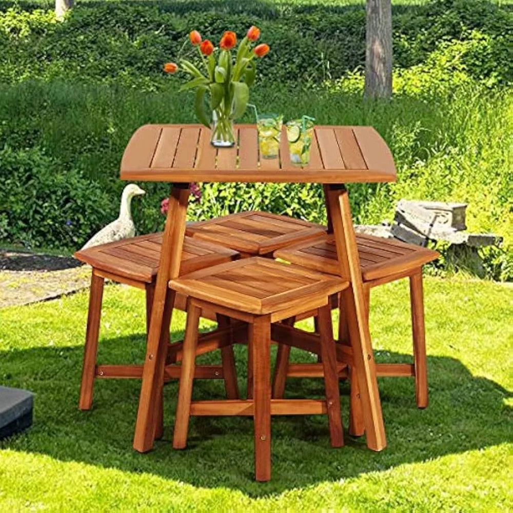 Acacia Wood 5 Piece Patio Dining Set With 4 Armless Stools