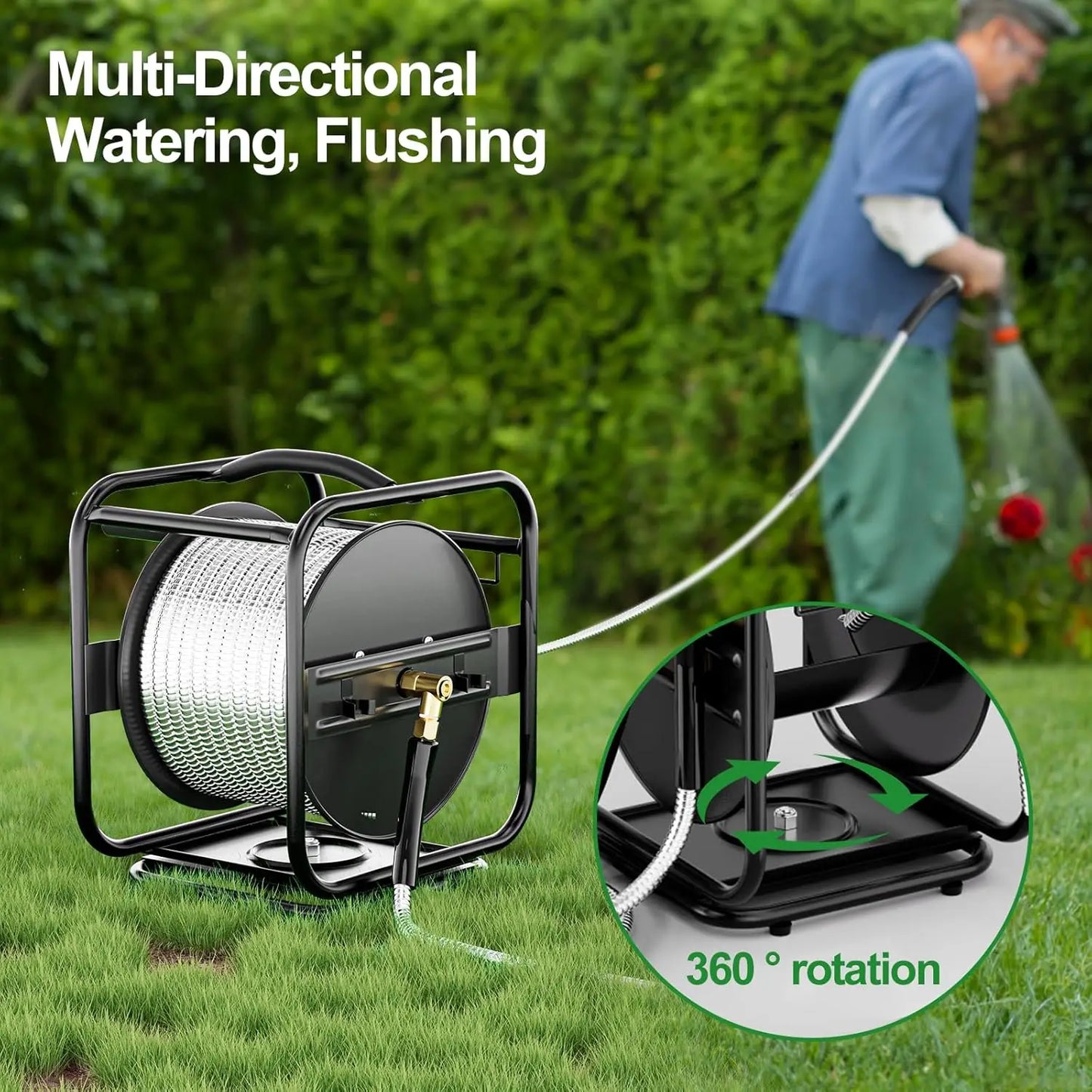 Heavy Duty Metal Garden Hose Reel With 100Ft Hose Black