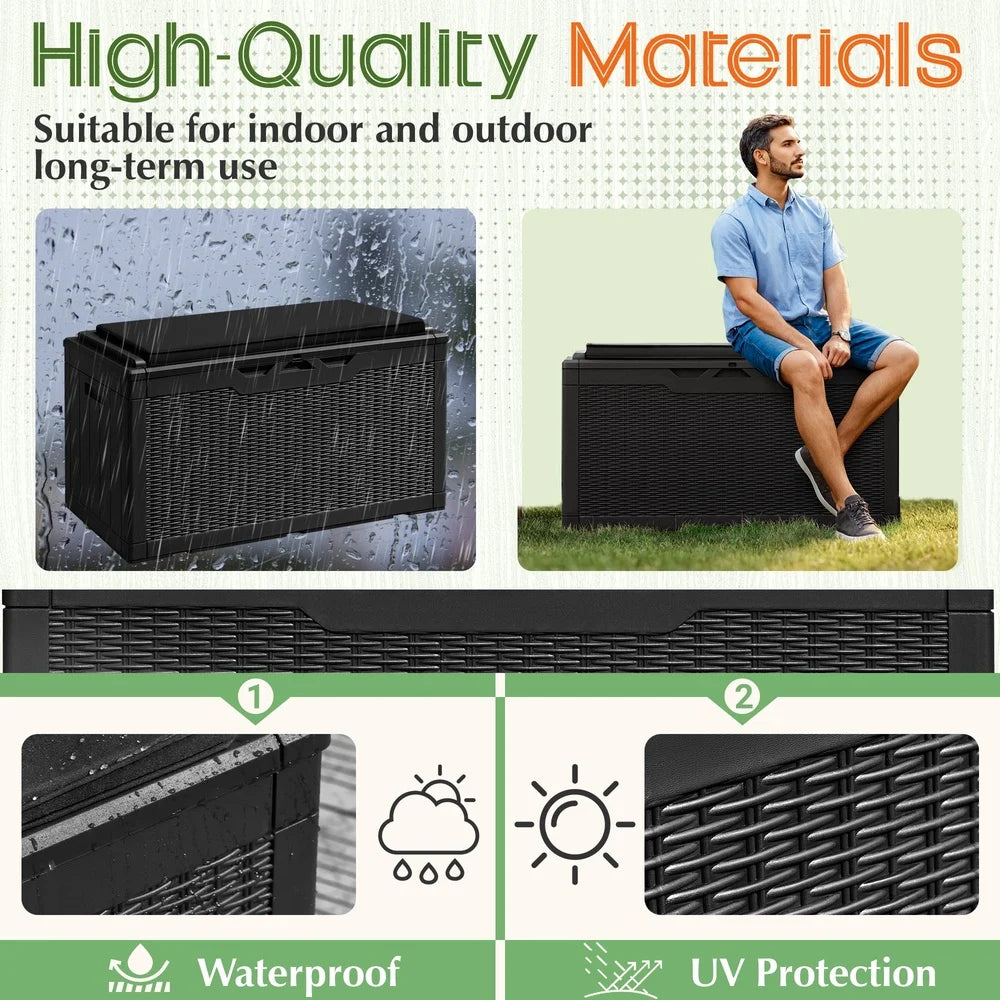 Classic Outdoor Resin Deck Box 100 Gallon Lockable Storage Container Waterproof Organizer for Patio Lawn and Pool Toys