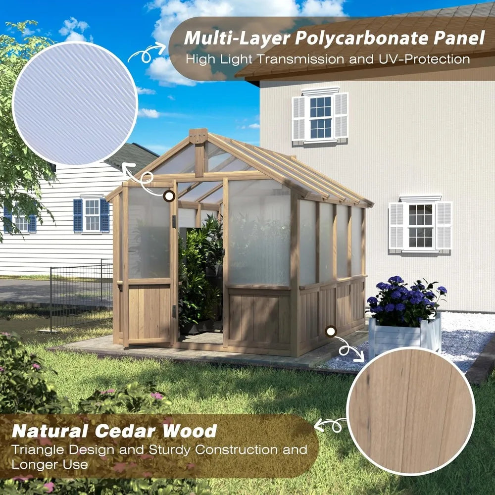 6x8FT Outdoor Greenhouse with Cedar Frame 6MM Thick Polycarbonate Sheet and Adjustable Vents