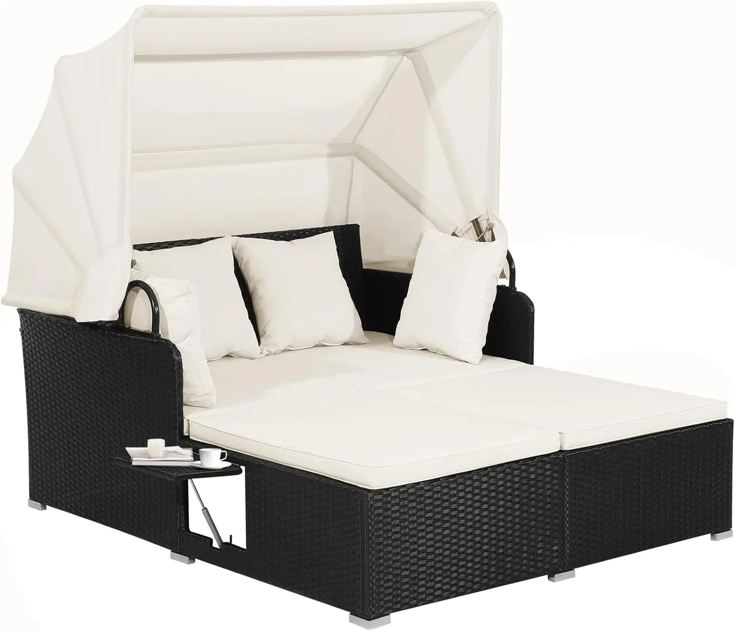 Patio Rattan Daybed with Retractable Canopy, Wicker Sun Lounger with 2 Foldable Side Panels,