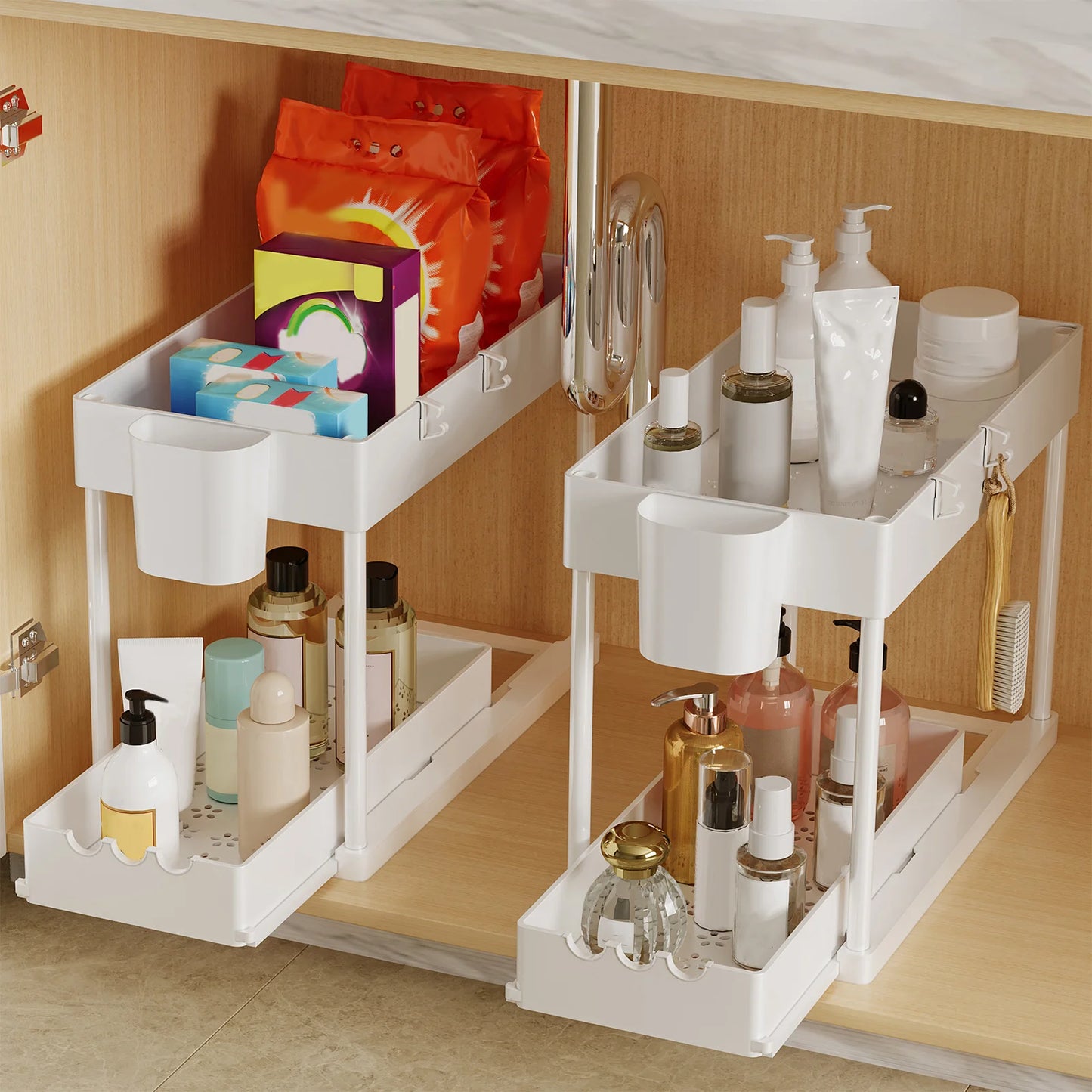 2Pcs 2-Tier Sliding Cabinet Organizer, Pull-Out Under Sink Rack, Double-Layer Storage Shelf