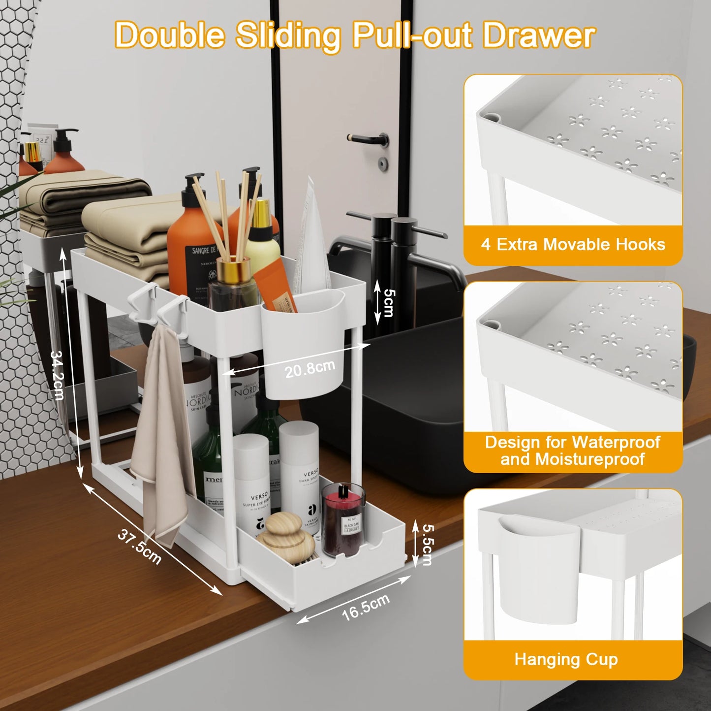 2Pcs 2-Tier Sliding Cabinet Organizer, Pull-Out Under Sink Rack, Double-Layer Storage Shelf