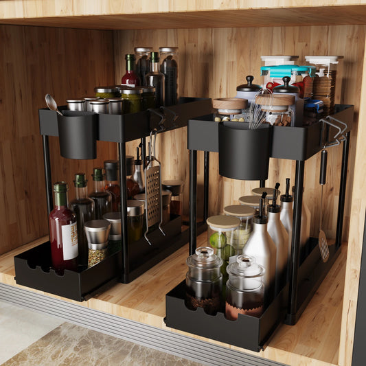 2Pcs 2-Tier Sliding Cabinet Organizer, Pull-Out Under Sink Rack, Double-Layer Storage Shelf