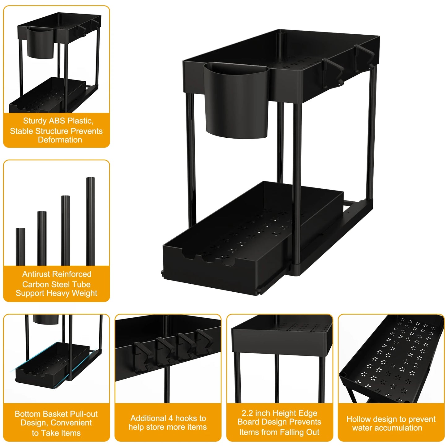 2Pcs 2-Tier Sliding Cabinet Organizer, Pull-Out Under Sink Rack, Double-Layer Storage Shelf