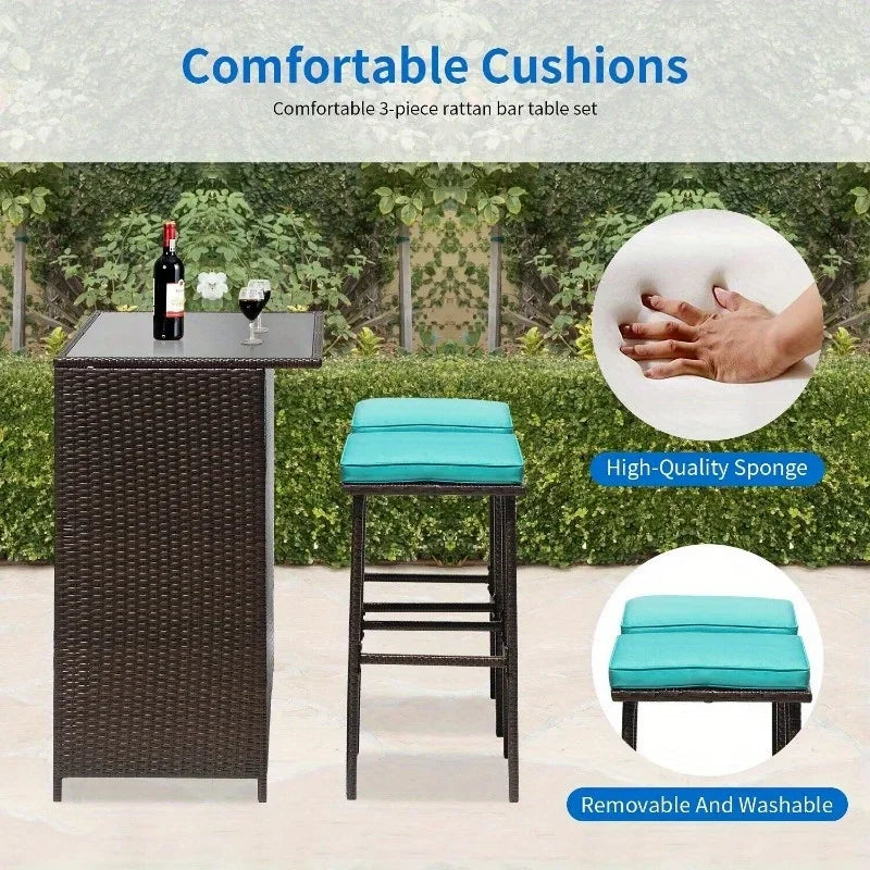 Three-Piece Outdoor Bar Set Wicker Counter High Table Set with Solid Frame