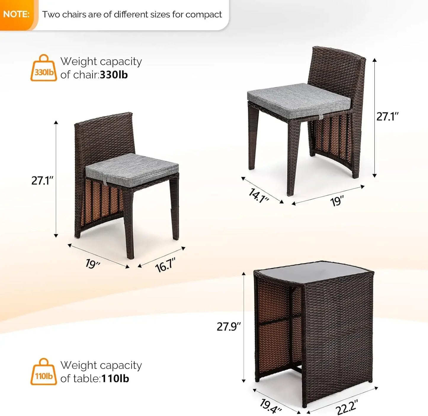 3 Piece Wicker Outdoor Patio Bistro Set with Glass Top Table and Dining Chairs for Small Spaces