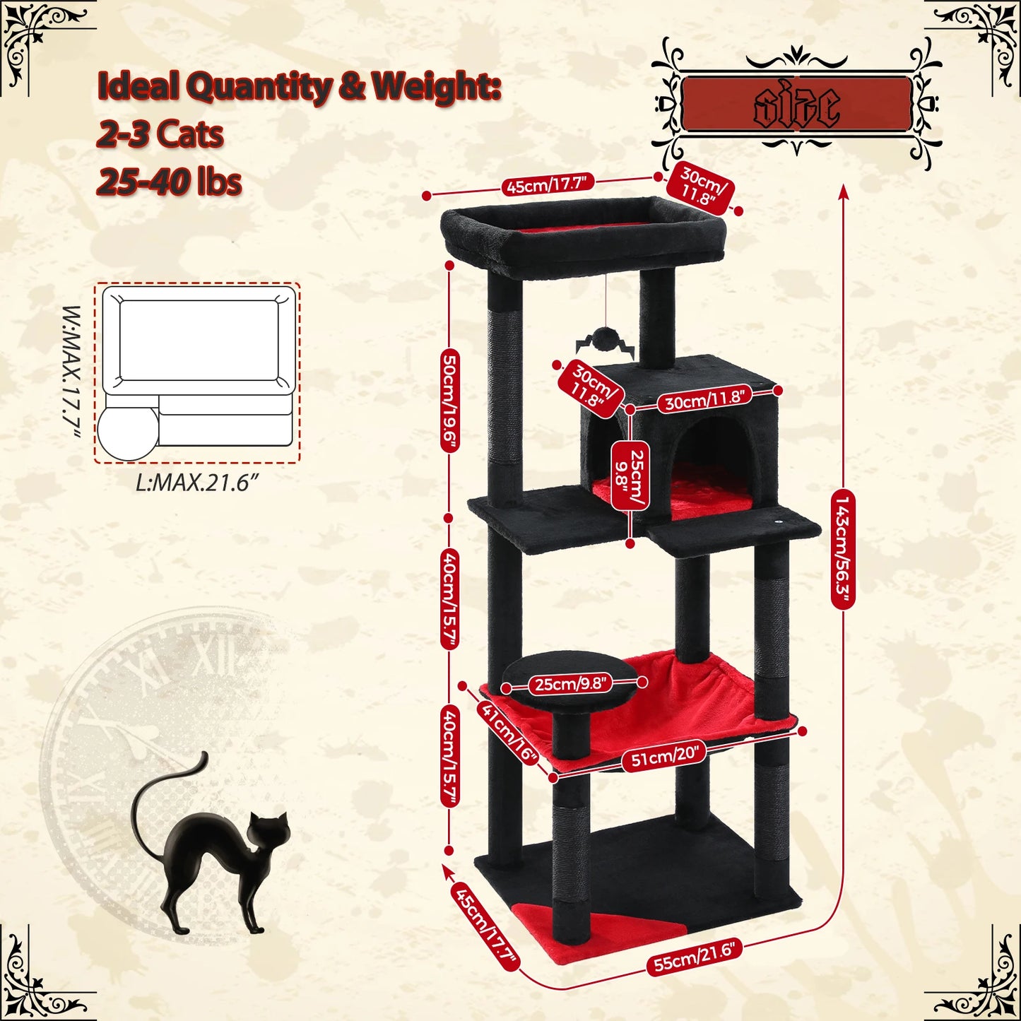 Gothic Cat Tree Tall Cat Tower with Super Large Hammock