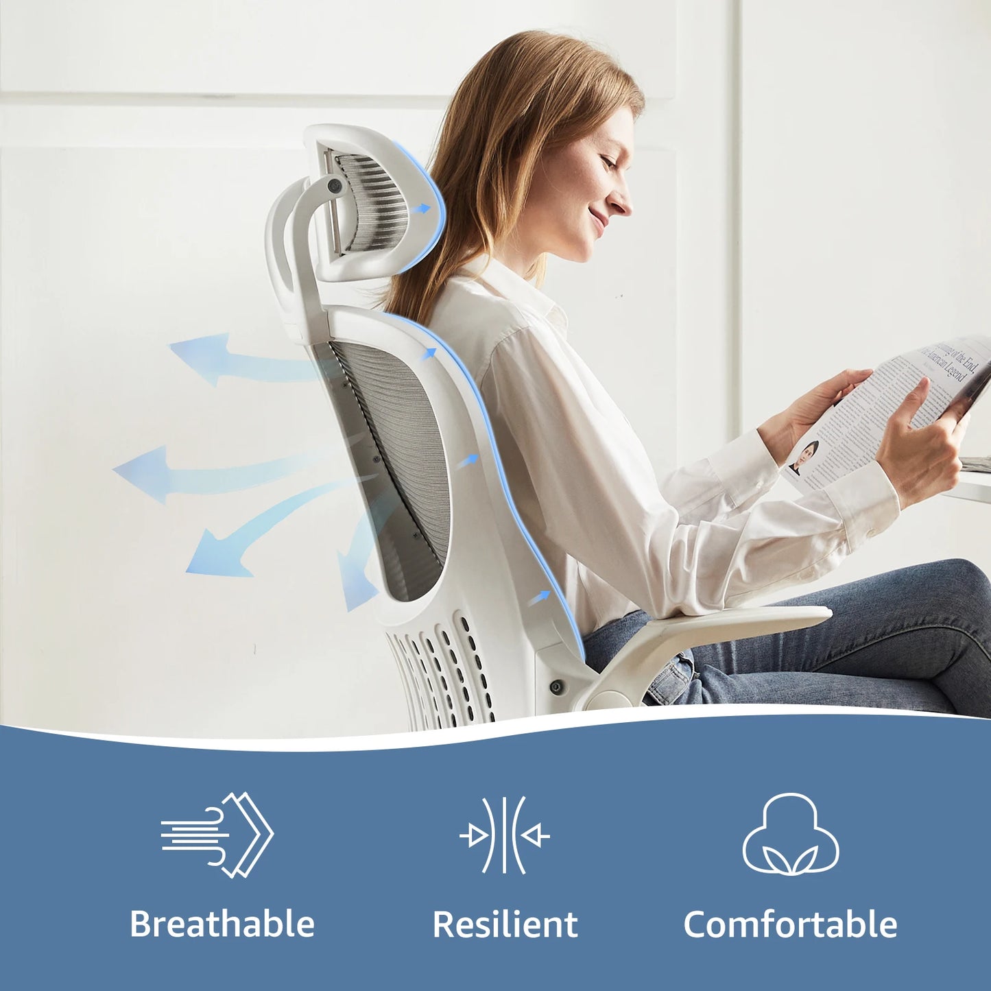 JHK Mesh Ergonomic Desk Chair Flip-up Arms Adjustable Headrests Comfortable Lumbar Support