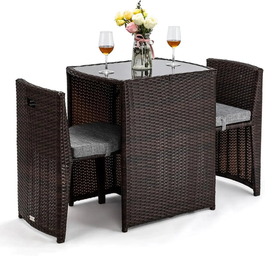 3 Piece Wicker Outdoor Patio Bistro Set with Glass Top Table and Dining Chairs for Small Spaces