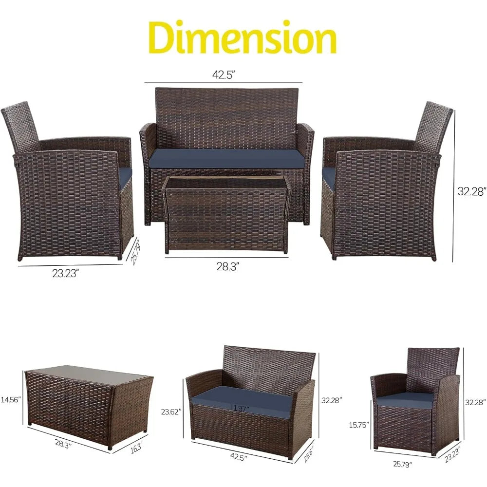 4 Piece Patio Wicker Sectional Sofa Set with Glass Coffee Table and Cushions