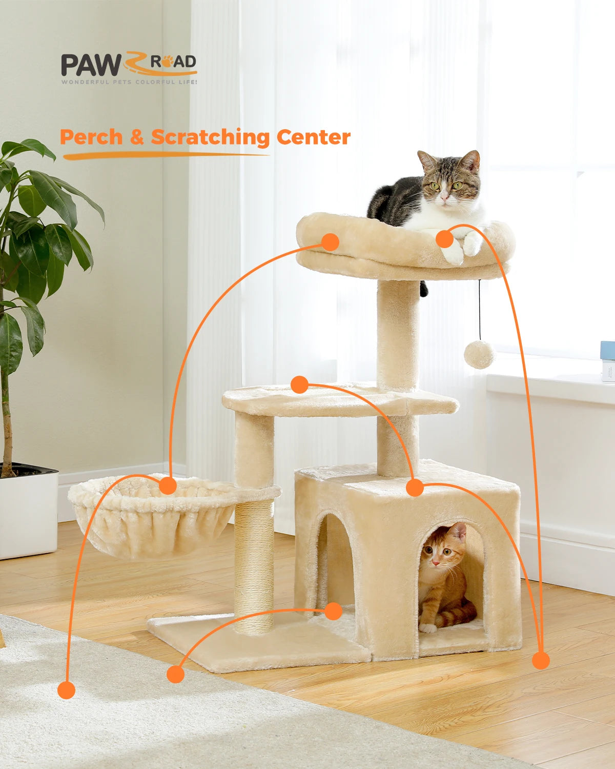 H228cm Cat Tree Toy Condo Cat Climbing Tower Solid Wood