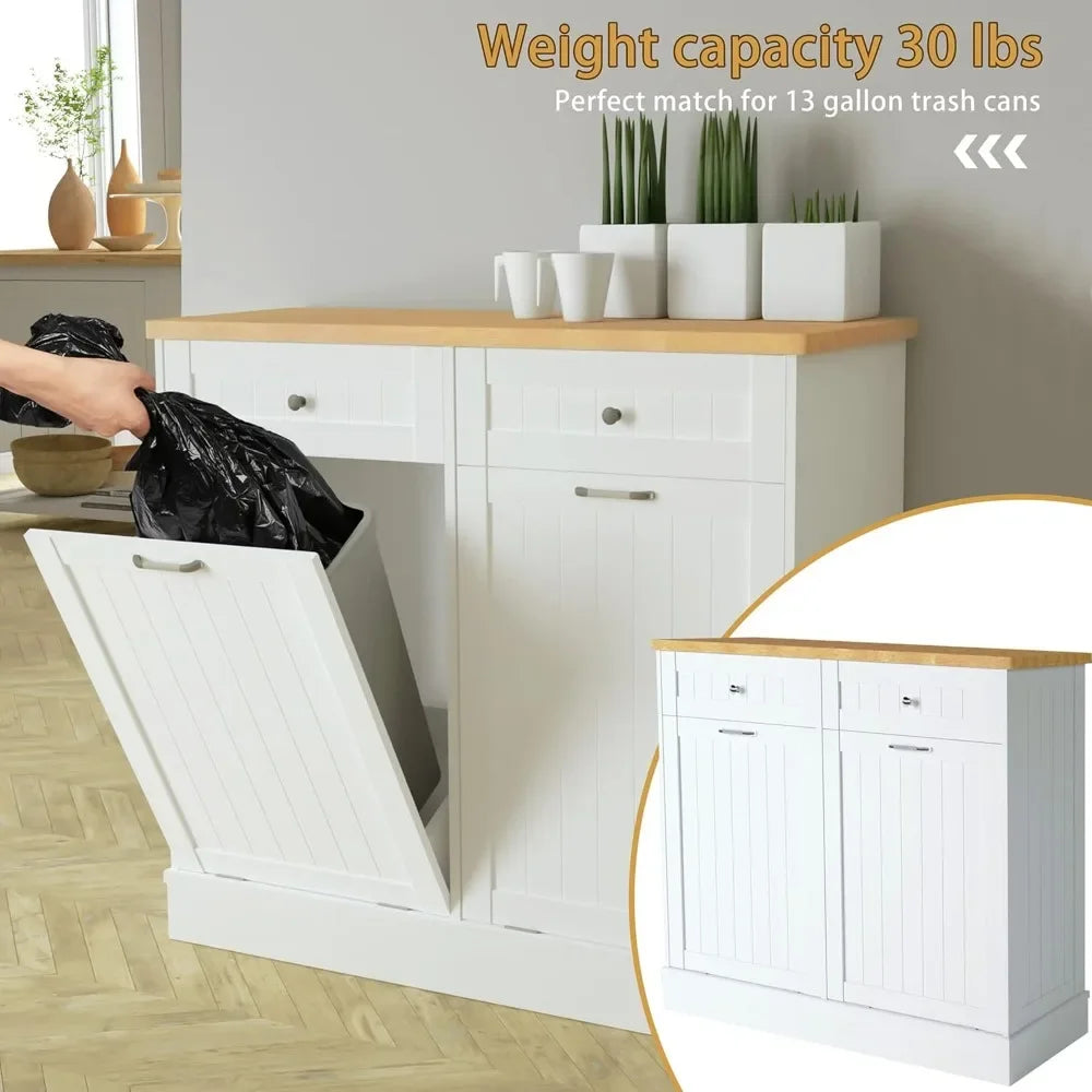 Tilt Out Trash Cabinet 10 Gallon Wooden Laundry Sorter with Hideaway Drawer
