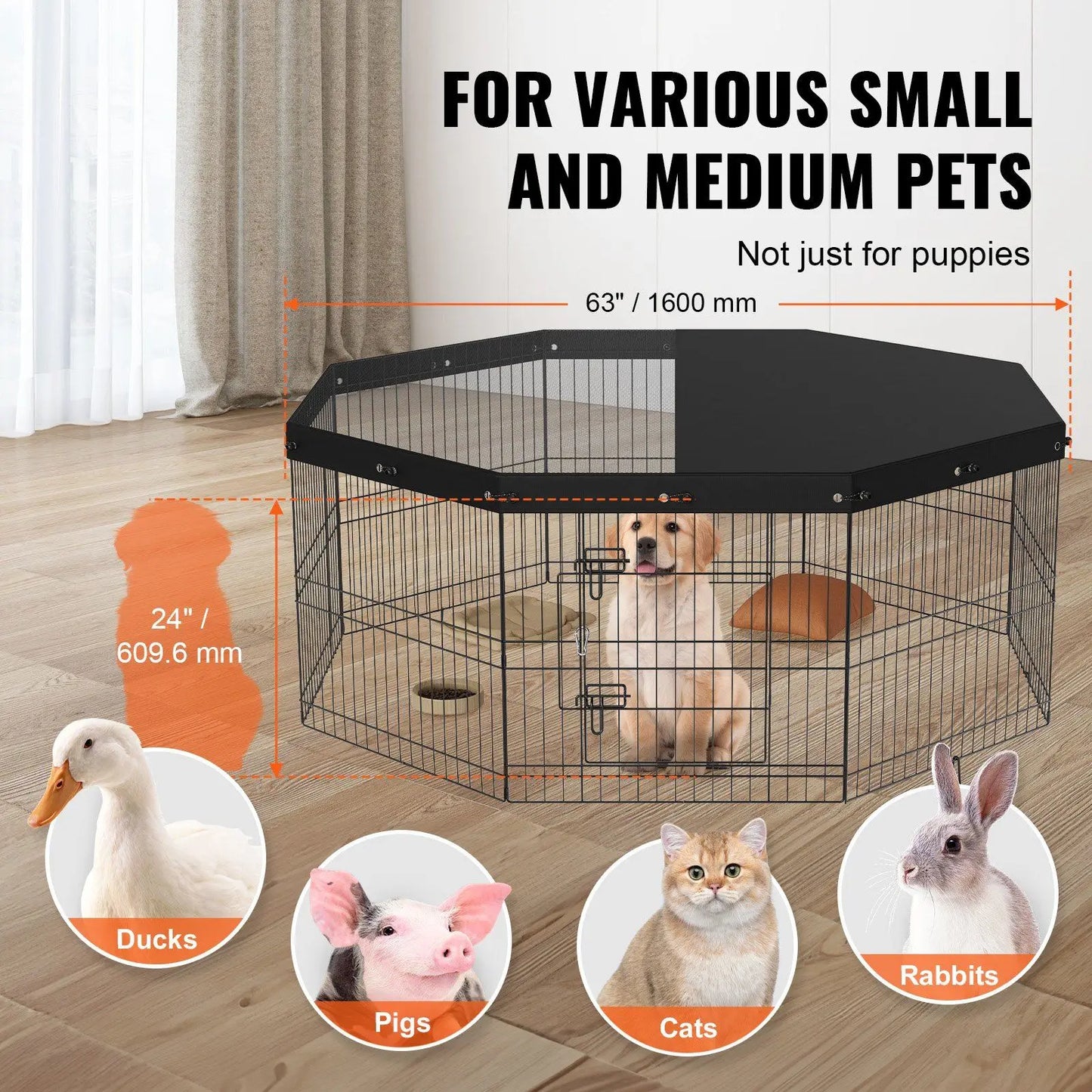 Foldable 8 Panel Metal Dog Playpen with Cover and Ground Stakes 24 Inch Height