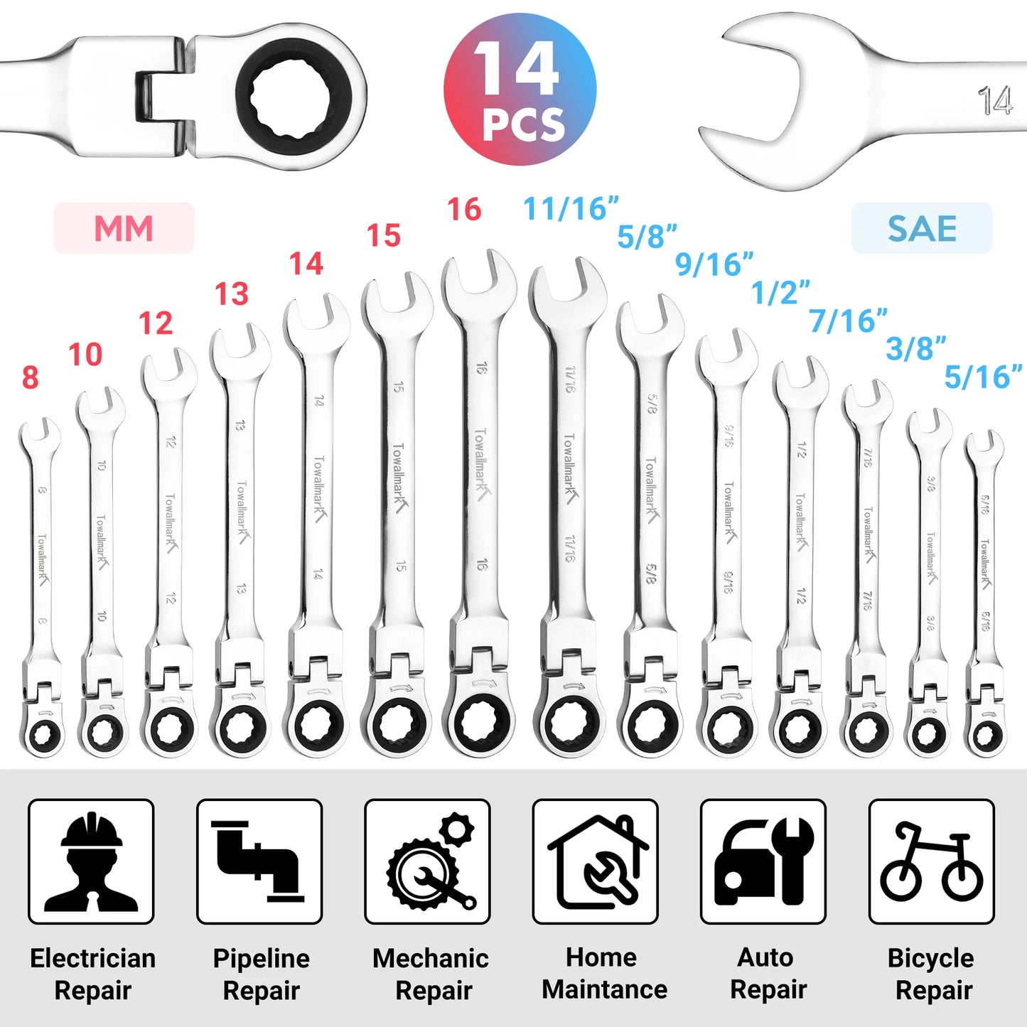 DIY Supplies 14 Piece Ratcheting Wrench Set With Metric Flex Head And CRV Steel Pouch Included For Home Car Bike