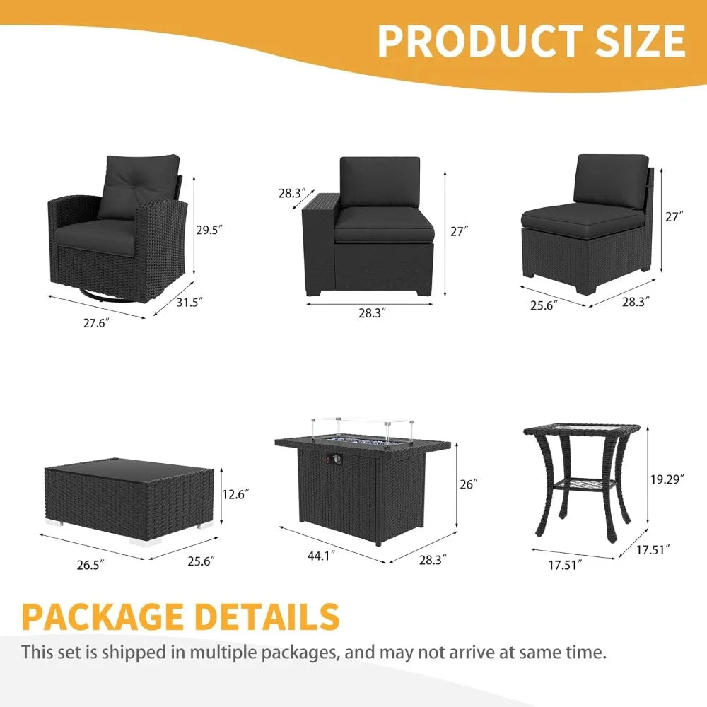 10 piece outdoor sofa set with fire pit table, modular rattan rotating rocking chair