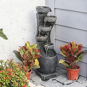 45 Inch Outdoor Water Fountain with Planter Pot and LED Lights for Garden