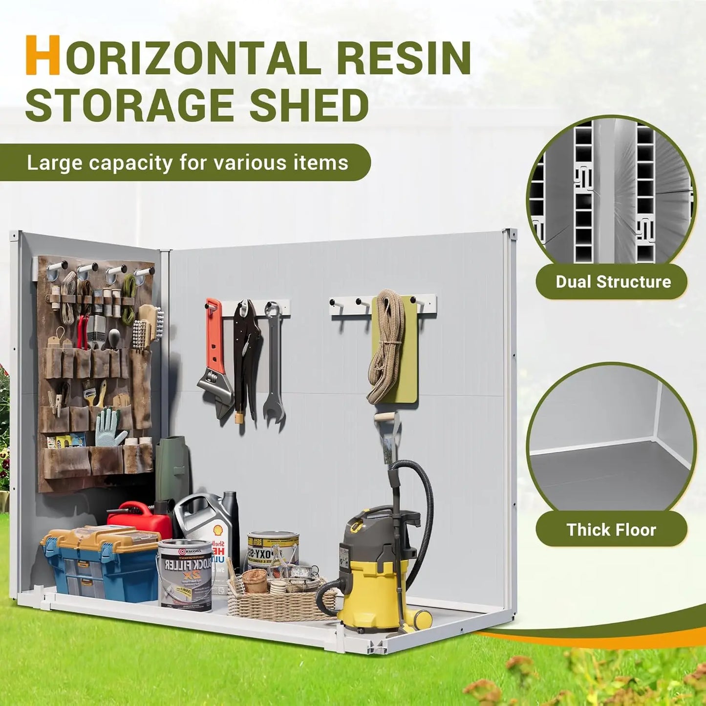 41 Cu. Ft Horizontal Storage Shed, Weatherproof Resin  Shed with Floor Thickened, Lockable Doors