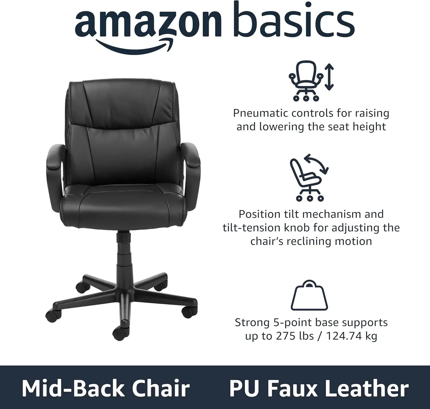 Office Computer Task Desk Chair with Padded Armrests and 360 Swivel