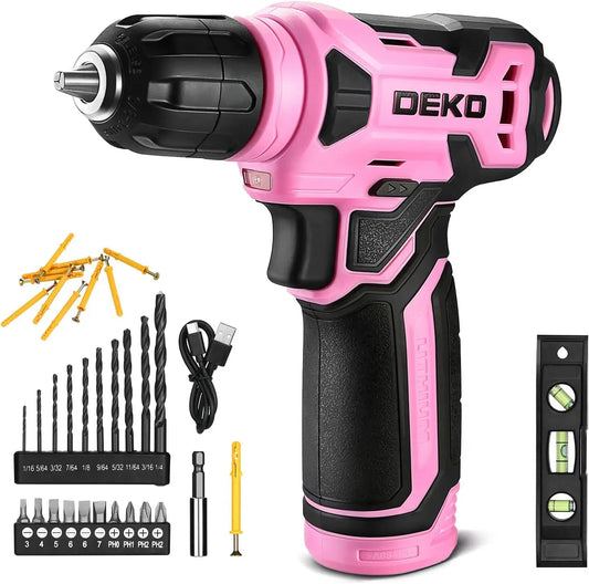 DEKO 8V Pink Cordless Drill Kit 42 Pc Accessories USB C