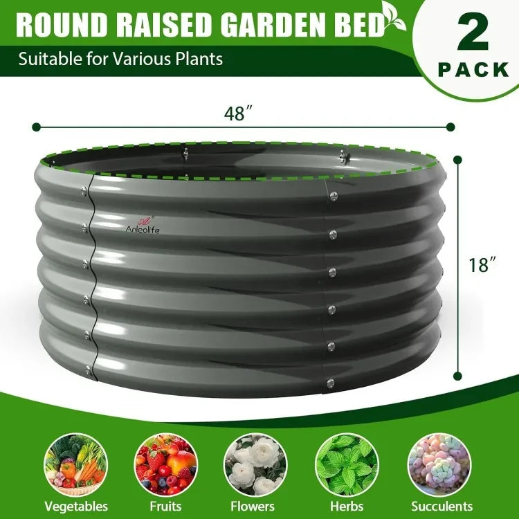 2-Pack 4ft Galvanized Round Metal Raised Garden Beds for Outdoor Planting
