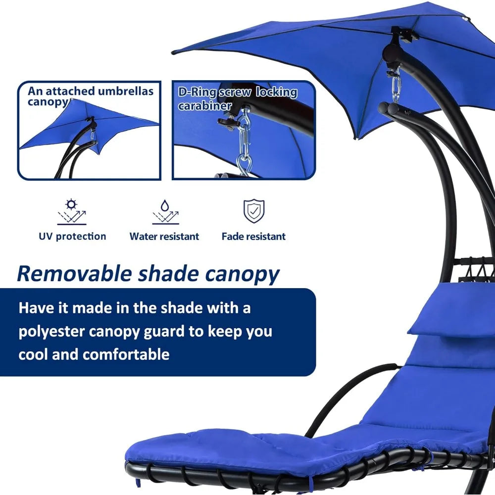 Hanging Curved Steel Chaise Lounge Swing w/Built-in Pillow and Removable Canopy for Patio Porch