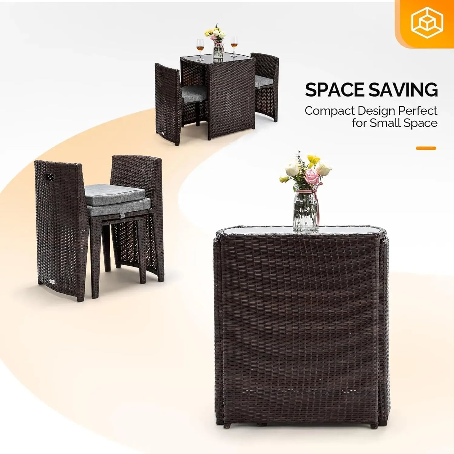 3 Piece Wicker Outdoor Patio Bistro Set with Glass Top Table and Dining Chairs for Small Spaces