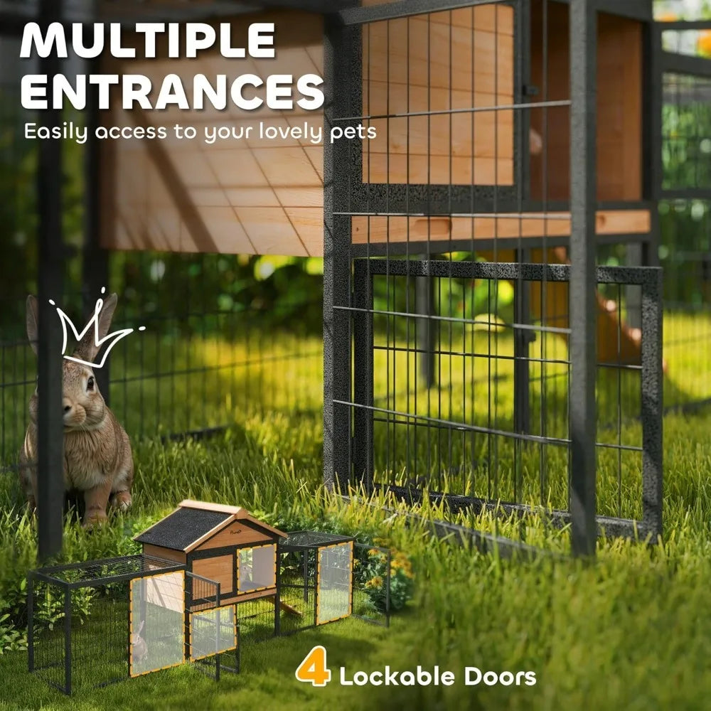 Rabbit Hutch Outdoor 85 Inch Large Wooden Bunny Cage with Steel Run Waterproof Roof Removable No Leakage Tray and Ramp