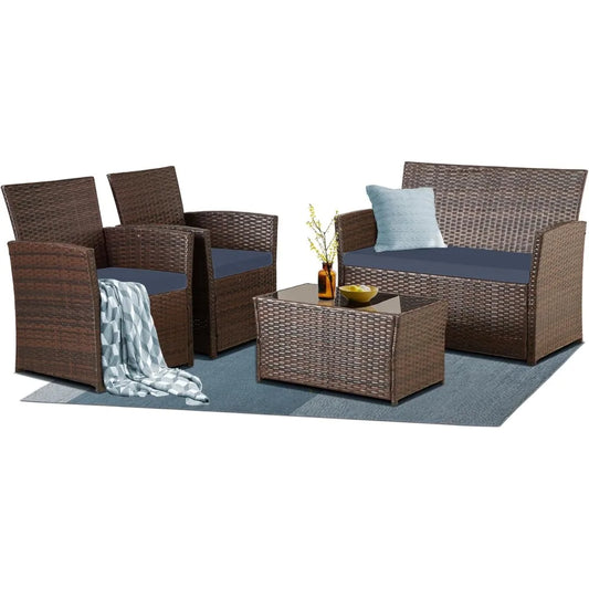 4 Piece Patio Wicker Sectional Sofa Set with Glass Coffee Table and Cushions