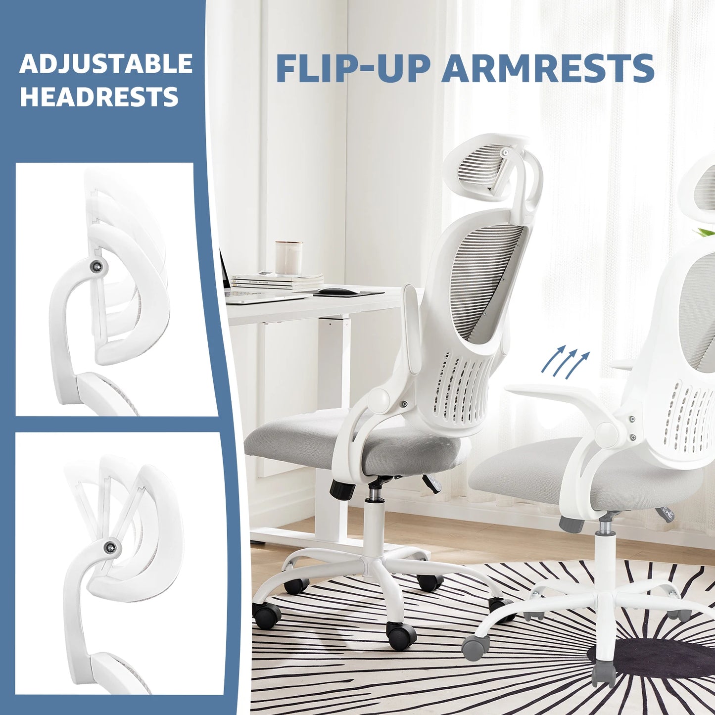 JHK Mesh Ergonomic Desk Chair Flip-up Arms Adjustable Headrests Comfortable Lumbar Support