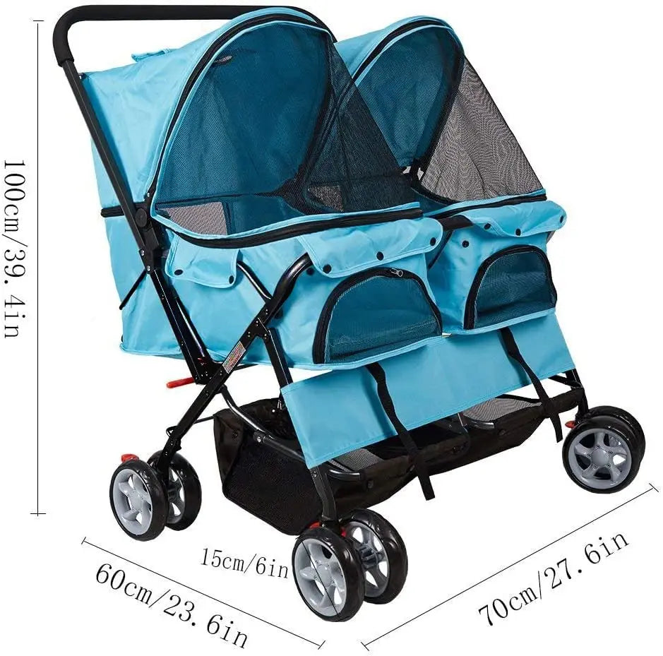 Foldable Double Pet Stroller for Two Dogs Cats with Four Wheels and Storage