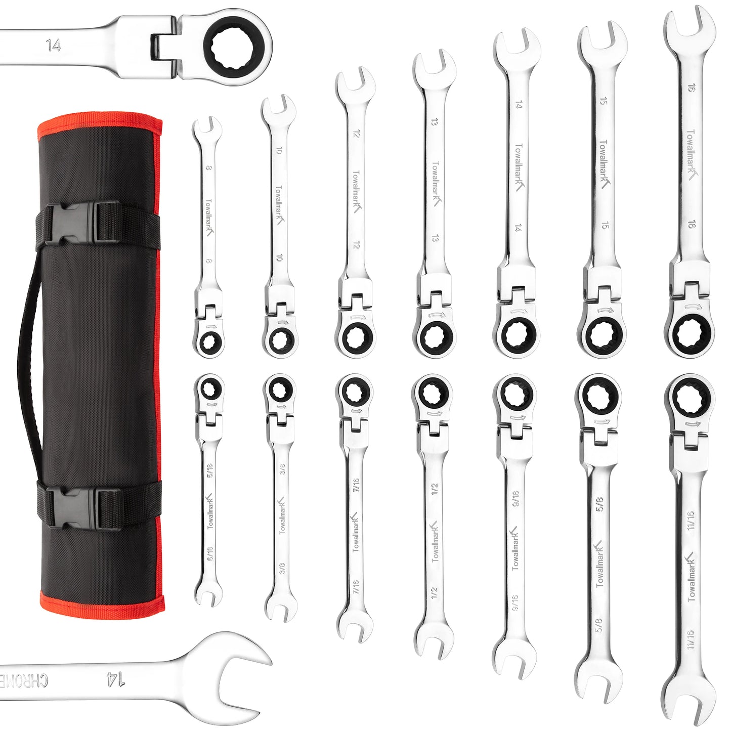 DIY Supplies 14 Piece Ratcheting Wrench Set With Metric Flex Head And CRV Steel Pouch Included For Home Car Bike