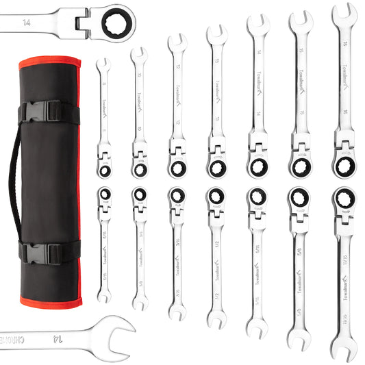 DIY Supplies 14 Piece Ratcheting Wrench Set With Metric Flex Head And CRV Steel Pouch Included For Home Car Bike